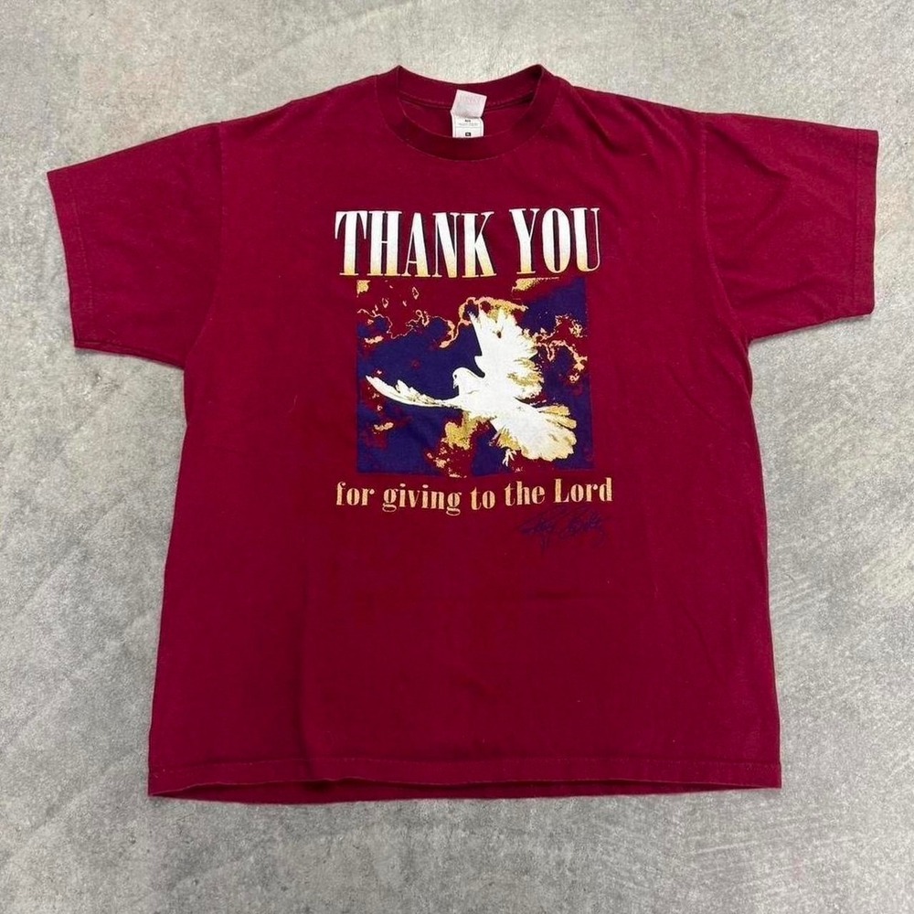 Vintage Men's God T-Shirt Jesus Fish Burgundy Double Sided Short Sleeve Tee XL